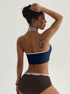Women <b>Halter</b> <b>Neck</b> Sports Bra Ruched Front Scoop <b>Neck</b> Seamless Gym Crop Top Contrast Binding Open Back Ribbed Workout <b>Bralette</b> - Product Image 3