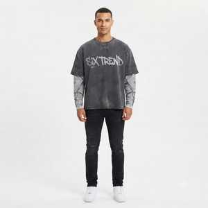 Wholesale Men's Double <b>Layer</b> T-shirt Barbed Wire Sleeve Print Acid Wash Vintage Streetwear Heavy Cotton Oversized Graphic <b>Top</b> - Product Image 2