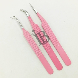 Juego de Pinzas para Extensión de Pestañas de Color Rosa Claro Personalizables de Última Tendencia, Puntas de Fibra Disponibles, Estilo de Patrón de Diamantes, Punta Antideslizante - Product Image 1