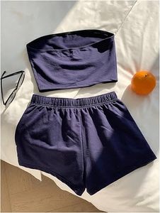 ชุดเซ็ตเสื้อครอปท็อปแบบไม่มีสายและกางเกงขายาวสำหรับผู้หญิง แบรนด์ OEM รับผลิตตามสั่ง เนื้อผ้าโพลีเอสเตอร์ผสมคอตตอน ระบายอากาศได้ดี สไตล์ลำลอง แฟชั่นฤดูร้อน ชุดสองชิ้น - Product Image 5
