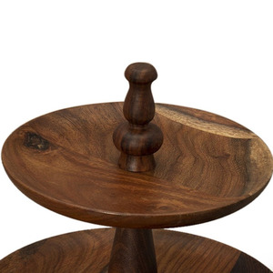 Rustic Wooden Two-Tier <b>Cake</b> <b>Stand</b> Crafted With Natural Dark Wood Grain Turned Central Spindle Pillar Handle For Serving & Decor - Product Image 4