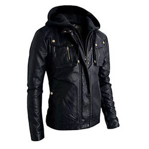 Men's Black PU Leather Hooded <b>Jacket</b> Moto <b>Biker</b> Style Zipper Closure Slim Fit Solid Color Autumn Wear - Product Image 3