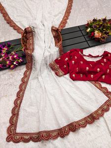 ผ้าซารีโบลลีวูดแบบชิคันการีเนื้อหนา ประดับด้วยดิ้นซารีและเลื่อม แต่งขอบสีแดงสดแบบโดดเด่น เหมาะสำหรับงานแต่งงาน งานปาร์ตี้ ซักได้ เนื้อผ้านุ่มสำหรับผู้หญิง - Product Image 6