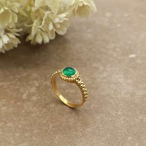 Vintage Green Onyx Statement <b>Ring</b> 18K Gold Plated Beaded Band Boho Ethnic Jewelry - Product Image 4
