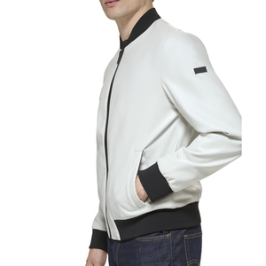 <b>Men's</b> White PU Bomber <b>Jacket</b> Regular Fit Turn-down Collar Zipper Closure Solid Color Casual Style <b>Jacket</b> Available For Sale - Product Image 3