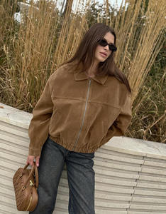 Women Oversized Suedette Bomber <b>Jacket</b> Loose Fit Shirt Collar Zip Front Bubble Hem Casual Outerwear - Product Image 3