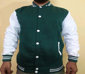 <b>Men's</b> Green <b>White</b> Varsity <b>Jacket</b> Fleece Material Turn-down Collar Regular Fit Casual Style Autumn Wear - Product Image 1