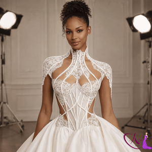 Vestido de Novia de Lujo con Cuello Alto y Corsé, Bordado de Encaje, Silueta de Sirena |   Vestidos de Fiesta Elegantes y Personalizados de Diseñador - Product Image 4