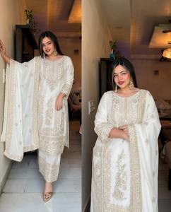 Elegante Conjunto de Kurta de Seda Chinon Blanca con Bordado Dorado para Mujer, Ropa Tradicional Étnica para Bodas y Fiestas, de Secado Rápido y Sin Arrugas - Product Image 2