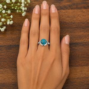 Blue Copper Round <b>Turquoise</b> Silver <b>Ring</b> Handmade Gemstone Jewelry Southwestern Western Boho Statement <b>Ring</b> for Women Gift - Product Image 1