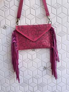 Bolso de mano con flecos personalizado al por mayor, bolso de cuero auténtico tallado a mano, bolso bandolera de color rosa, bolsos elegantes occidentales - Product Image 5