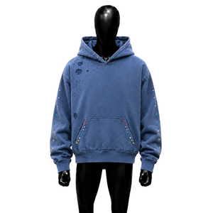 Sudadera con Capucha Extra Grande Azul Vintage Desgastada, Estilo Urbano, Tejido Grueso, Lavado Vintage, Informal para el Día a Día, Estilo Urbano Premium, Suave - Product Image 1