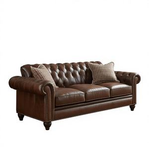Sofá Chesterfield Clásico de Cuero Marrón de 3 Plazas con Respaldo Acolchado con Botones y Brazos Enrollados, Sofá de Cuero Vintage para Sala de Estar - Product Image 1