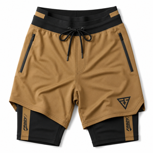 Shorts de sport pour homme 2 en 1 personnalisés, couleur camel, avec doublure de compression, poches zippées, cordon de serrage, pour l'entraînement physique, marque privée - Product Image 4