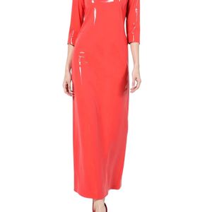 Red PU <b>Maxi</b> <b>Dress</b> O-Neck Three Quarter Sleeve Sheath Fitted Party Wear Solid Color All Seasons - Product Image 2