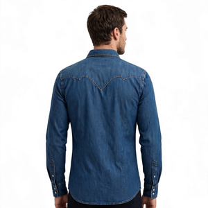 Camisa de mezclilla para hombre con cuello vuelto, ecológica, antiarrugas, de secado rápido, informal, lavada, con botones y bolsillo en el pecho de BD - Product Image 3