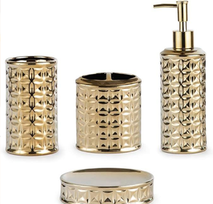 Shiny Gold Steel <b>Bathroom</b> <b>Accessories</b> <b>Set</b> with Textured Geometric Round Patterns Easy Clean Six-Piece Available Wholesale Prices - Product Image 1