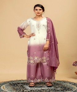 Traje Palazzo Bordado Degradado de Blanco a Morado para Mujer, Estilo Holgado Tradicional de India y Pakistán 86389 SWAROOP-ST-1198 - Product Image 1