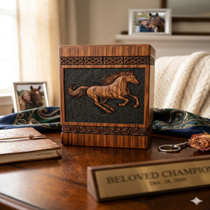 Wooden Cremation Urn Adult <b>Memorial</b> <b>Keepsake</b> Carved Horse Pattern Brown Desktop Funeral Supply - Product Image 3
