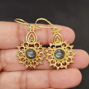 Brass Gemstone Drop Earrings Bulk Handcrafted Gold Plated Finish Rose Quartz Pattern Bezel - Product Image 1