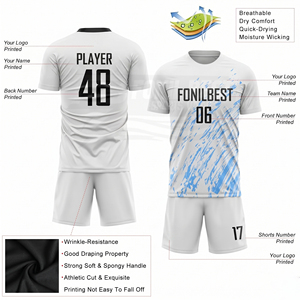 Ensemble de maillots de football personnalisés blanc et bleu, impression sublimée, col rond, manches courtes, polyester respirant, unisexe adulte, toutes saisons - Product Image 3