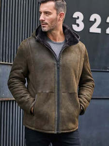 Men's Brown Suede Leather Jacket With <b>Faux</b> <b>Fur</b> Lining Hooded Zipper Closure Windproof Winter <b>Coat</b> Regular Fit Workwear Style - Product Image 1