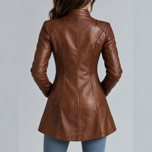 Manteau en cuir sur mesure pour femme, long, ajusté, zippé, col montant, style streetwear de luxe, manteau d'hiver pour femme - Product Image 2
