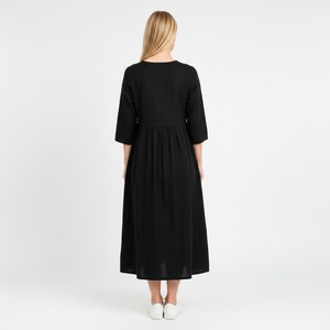 Black Floral Print 100% Cotton Handmade <b>Three</b> Quarter Sleeve Maxi Dress Button Front Modest Casual Daily Wear Natural Waist - Product Image 3