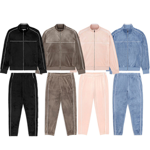 <b>Velour</b> Tracksuit Mens 2 Piece Velvet Zipper Jacket Drawtsring Waistband Sweatpants Sweatsuits Set Casual Outfits - Product Image 1