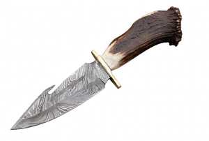 Couteau utilitaire d'extérieur artisanal en acier Damas, manche en corne de cerf, garde en laiton, lame fixe - Product Image 4