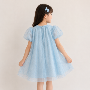 Girls Light Blue Dot <b>Print</b> Tulle Puff Sleeve A-Line Dress Round Collar <b>Mini</b> Summer Cute Style - Product Image 2