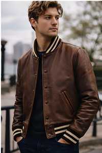 Blouson aviateur en cuir marron pour homme, style vintage, col rabattu, fermeture boutonnée, coupe classique, pour l'automne - Product Image 3