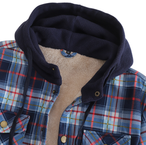 Chemise-veste en flanelle unisexe en coton avec doublure en polaire, à carreaux bleus et rouges et en velours, chaude pour l'hiver, à capuche - Product Image 5
