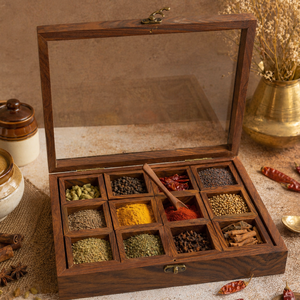 Luxury Wooden <b>Spice</b> <b>Box</b> with Brass Inlay | Handcrafted Masala Dabba Organizer with Glass Lid | Premium Kitchen Storage Case - Product Image 6