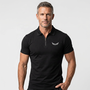 Men's Black Fit Short Sleeve Polo <b>Shirt</b> With Zipper Collar Casual Knitted Solid Color <b>T</b>-<b>Shirt</b> - Product Image 5