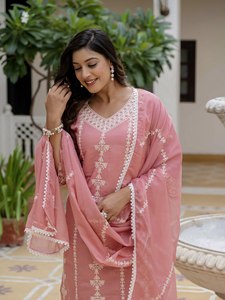 Pink Embroidered Silk Salwar Kameez Set <b>Net</b> Dupatta Women Traditional Casual Wear India Pakistan Style Summer Winter All Seasons - Product Image 3