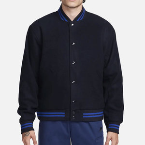 Men's Navy Blue Varsity <b>Jacket</b> Regular Fit Turn-down Collar <b>Fleece</b> <b>Lining</b> Button Closure Solid Color Casual Autumn Wear - Product Image 5