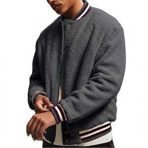 Men's White <b>Fleece</b> Varsity <b>Jacket</b> With Striped Trim Turn-down Collar Casual Winter Coat <b>Thick</b> Sherpa Lining Regular Fit - Product Image 4