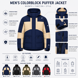 Chaqueta Acolchada con Capucha Cortavientos para Hombre, Abrigo de Invierno Aislado con Bloques de Color, Logotipo Personalizado Bordado, Parche Tejido - Product Image 5