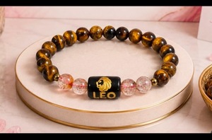 Bracelet extensible unisexe fait main en pierres naturelles œil de tigre et cristal craquelé, breloque zodiacale Lion, cadeau idéal - Product Image 5