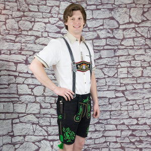 <b>Men</b> Bavarian Lederhosen <b>Shorts</b> Black With <b>Green</b> Embroidery Traditional Trachten Wear Oktoberfest Casual Style - Product Image 1