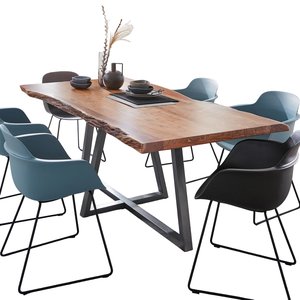 Mesa de comedor moderna rústica hecha a mano de acacia para 6-8 personas, con tablero de madera maciza con borde natural y patas plegables de metal, para cocina y hogar. - Product Image 1