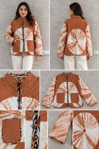 Abrigo Reversible con Capucha, Acolchado con Diseño de Puntos, 100% Algodón Orgánico, Cuello Alto, Manga Larga, para Todas las Temporadas, Cálido e Informal para Mujer - Product Image 3