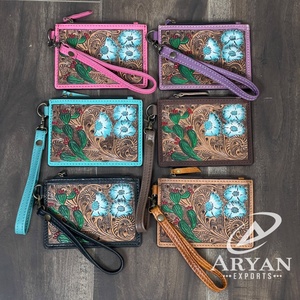 Vintage Full Tooled Genuine Leather Women Stylish Floral Cactus Design Zipper Closure Western Wallet ATM Credit <b>Card</b> <b>Holder</b> - Product Image 1