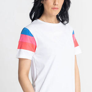 Women's White Color Block T-Shirt Short Sleeve Crew Neck Casual Jersey Fit Spring Summer Stripe Design - Product Image 3