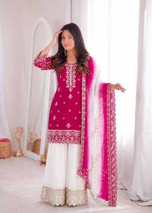 Ensemble Anarkali traditionnel indien pakistanais pour femmes, rose, brodé, avec dupatta, vêtements de mariage, coupe ample, en coton - Product Image 3