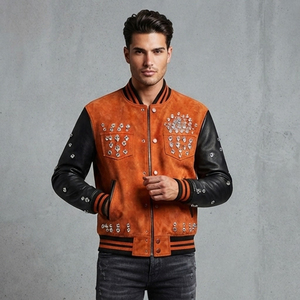 Custom Orange and Black Varsity <b>Jacket</b> for Men <b>Rhinestone</b> Studded Letterman Bomber Baseball Streetwear Coat For Unisex Wear - Product Image 5