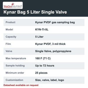 TECHINSTRO Kynar Bag 5 Liter PVDF Film Gas Sampling Bag Single Valve Leakproof for VOC Odour and <b>Air</b> Sampling - Product Image 6