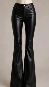 <b>Men's</b> Mid Waist Black Leather <b>Flare</b> Pants Casual Moto Biker Style Button Fly Lightweight Woven Fabric - Product Image 4