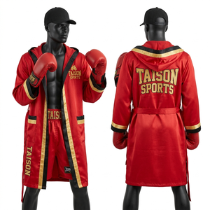 Custom <b>Boxing</b> <b>Robe</b> 280 GSM Premium Polyester Satin Yellow Blue Contrast Trim Embroidered Logo <b>boxing</b> rob - Product Image 2